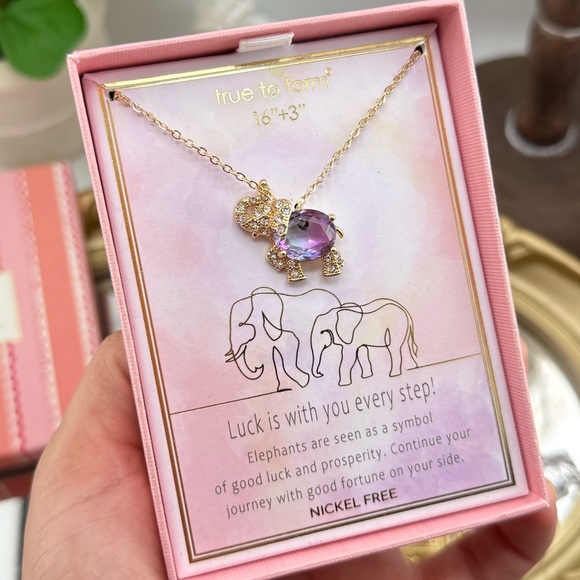 True to Form Lucky Elephant Charm Necklace - Gold with Purple Crystal New in Box - Picture 1 of 5